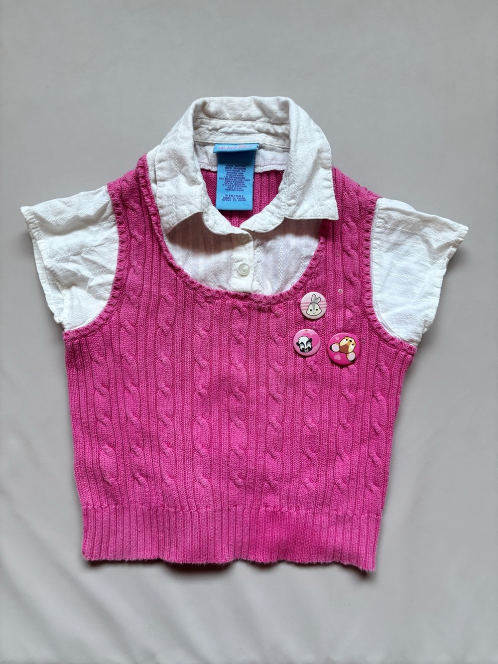 Girls' Pink Cable Knit Vest Top with White Collar